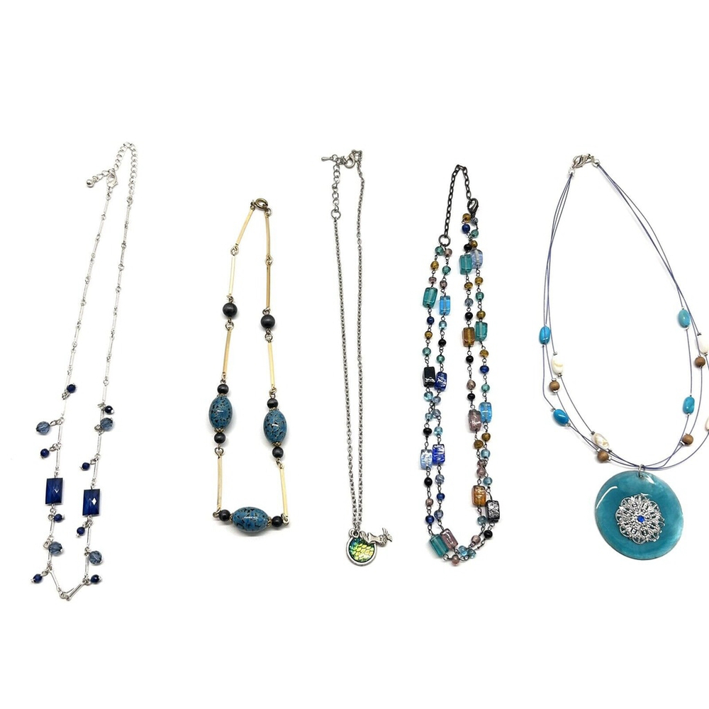 Vintage to Now Necklaces Lot of 5 Blue Hues Silver & Gold Tone Estate Jewelry
